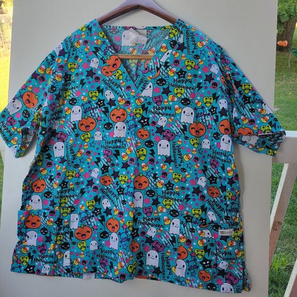 Uniform Advantage XL Scrub Top Halloween Ghost Bats Short Sleeve Pullover Shirt - Picture 1 of 8